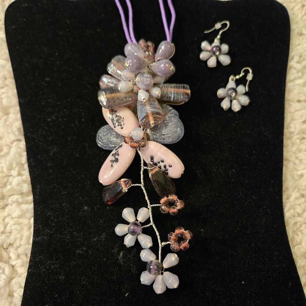 NWOT Purple Stone Floral Necklace + Earrings
